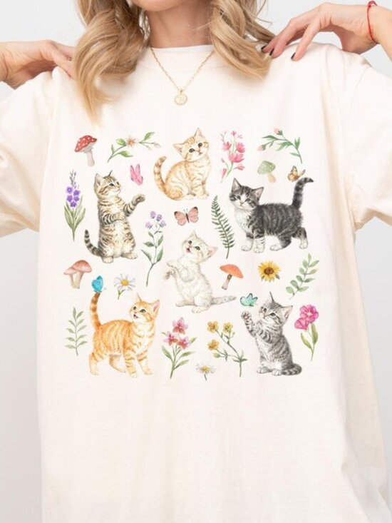 Tops - Cute Floral Cat Shirt, Retro Cat Flower Tee, Gift For Cat Lover
